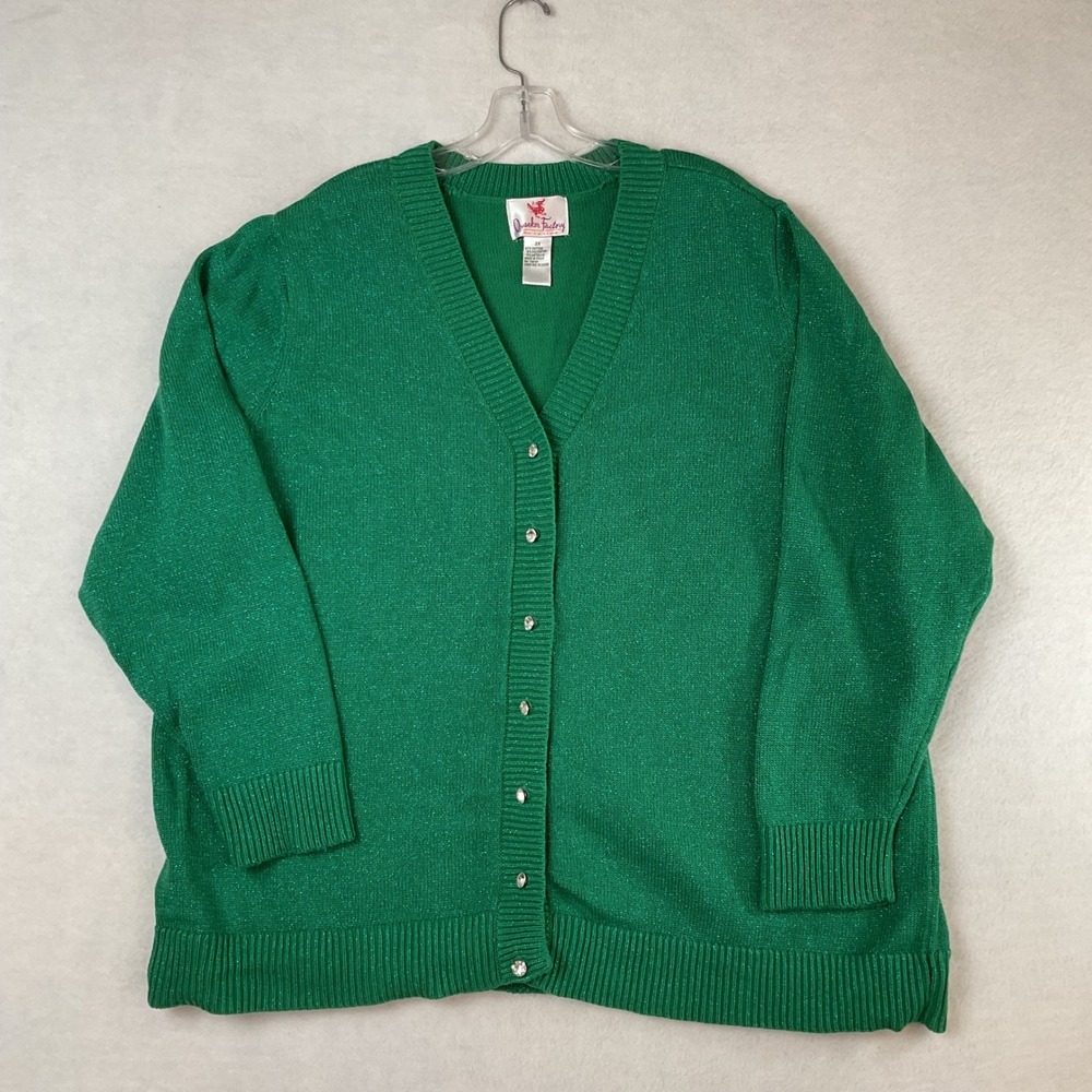 Quacker Factory Green Metallic Shimmer Cardigan Rhinestone Button V-Neck 2X